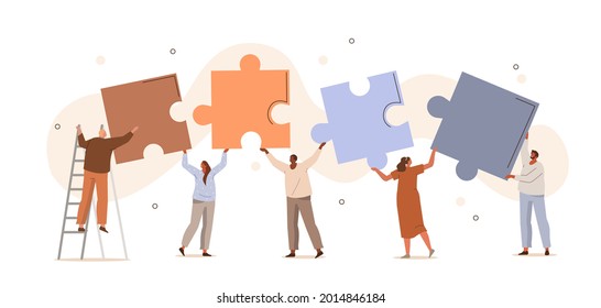 Empresarios trabajando juntos y conectando piezas de rompecabezas separadas. Caracteres que ensamblan rompecabezas. Trabajo en equipo, creación de equipos y concepto de solución de negocios. Ilustración vectorial de dibujos animados planos.