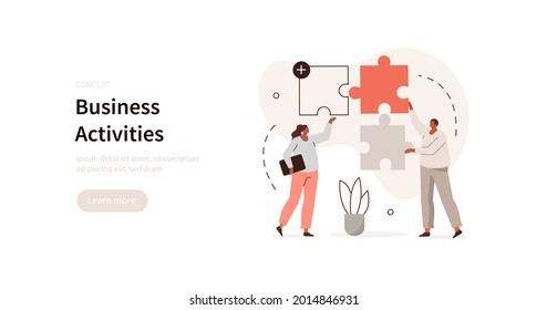 
Business people working together and connecting separated puzzle pieces. Characters assembling jigsaw puzzle. Team work, team building and business solution concept. Flat cartoon vector illustration.