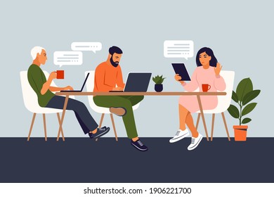 Business People Working Together. Coworking Space With Creative Or Business People Sitting At The Table. Flat Modern Vector Illustration.