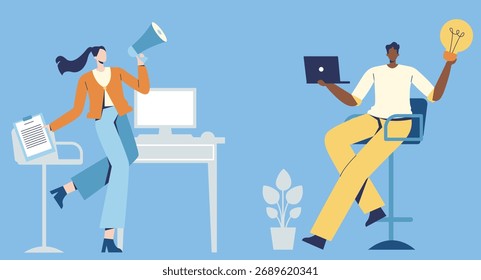 Business People Working Together – Creativity, Communication, and Innovation Concept Vector