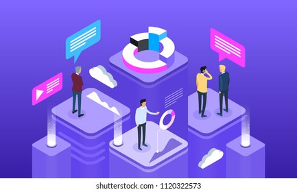 Business people working together and developing a successful business strategy. Marketing and finance vector isometric concept 