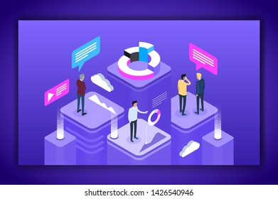Business people working together and developing a successful business strategy. Marketing and finance vector isometric concept, Vector illustration
