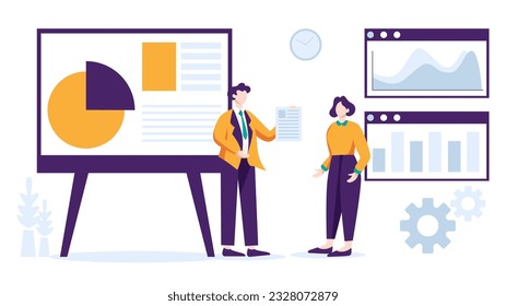 Business people are working together doing meeting, reporting data and brainstorming about marketing strategy in office on white background vector illustration concept in flat design style