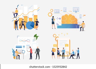 Business people working together illustration set. Professionals constructing graphs, making financial report. Business concept. Vector illustration for banners, layouts, website design