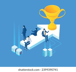 Business people working together  next to golden trophy, discussing and collaborating on project, sharing ideas, isometric illustration  