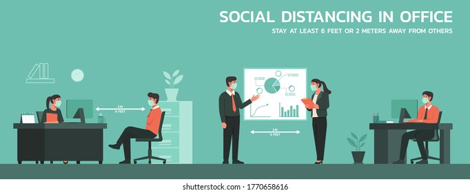 Business People Working Together In Office Wearing Mask And Maintain Social Distancing To Prevent The Spreading Of Virus, New Normal Lifestyle Concept, Flat Vector Illustration