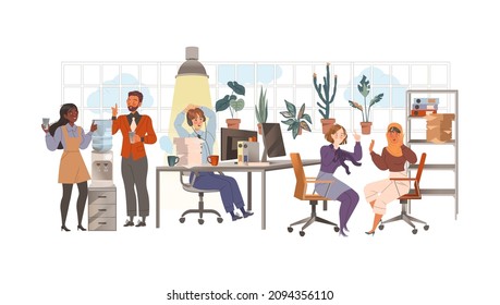 Business people working together in office. Coworking space with creative people planning, talking, brainstorming vector illustration