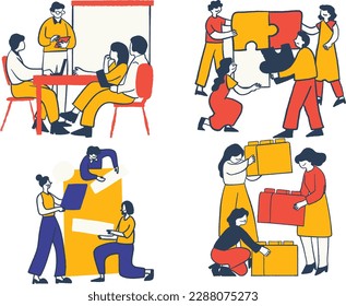 Business people working together in office. Teamwork concept. Vector illustration.