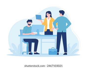 Business people working together in the office in a company employee meeting discussing tasks with laptops trending concept flat illustration