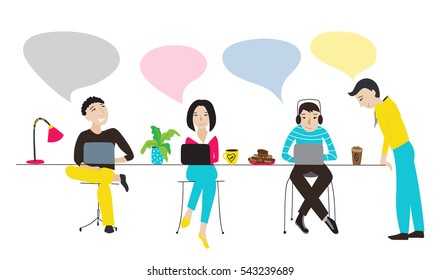 Business people working together in an office or coworking space with speech bubbles - chatting or thinking everyone about own business, flat vector illustration