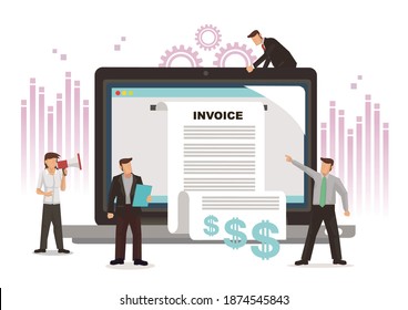 Business people working together on the digital invoice on laptop. Concept of technology at work or team work. Flat character vector illustration