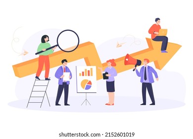 Business people working together on project. Men and women sitting on huge arrow, analyzing diagrams flat vector illustration. Achievement, company, teamwork concept