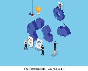 Business people working together on a new project 3d isometric vector concept for landing page, banner, illustration