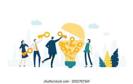 Business people working together with the project. Businessman puts golden keys in the light bulb. Finding solution. Creative approach in business 