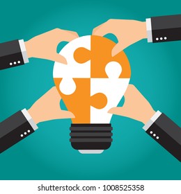 Business people are working together to put two puzzles with light bulb shape. Vector illustration.