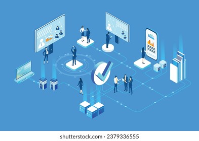 Business people working together in server room, prospecting data, analysing and cooperating. Isometric business environment. Infographic illustration