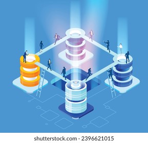 Business people working together in server room around super computers. Isometric illustration 