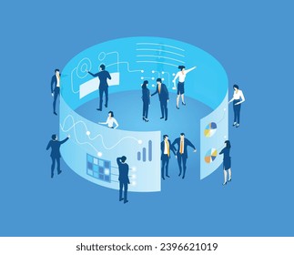 Business people working together in server room around super computers. Isometric illustration 