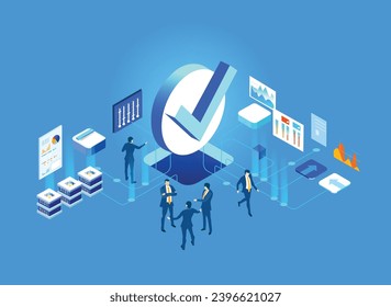 Business people working together in server room around super computers. Isometric illustration 