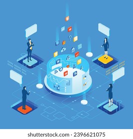 Empresarios trabajando juntos en la sala de servidores alrededor de supercomputadoras. Isometric 