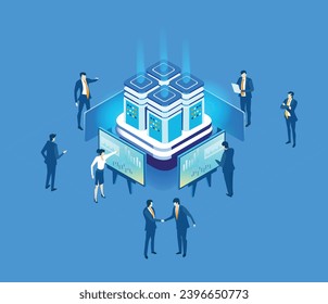 Business people working together in server room around super computers. Isometric illustration 