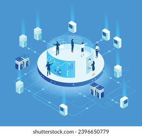 Empresarios trabajando juntos en la sala de servidores alrededor de supercomputadoras. Isometric 