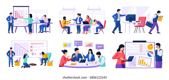 Business people working together and solving problem vector illustration. Brainstorming and decision making, problem solving and discussion, teamwork and thinking concept. Bankruptcy and trouble