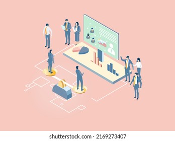 Business people working together, solving the problems, making decisions and progress. Isometric environment  illustration