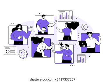 Business people working together success, Workflow management flat illustration, Work organization, Project management, Online business communication, Distant workflow, remote business communication
