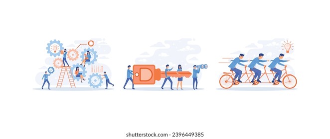 Business people working together in team, Businessman and entrepreneur go to the door with a key,  Business Team Riding Tandem Bicycle,  set flat vector modern illustration