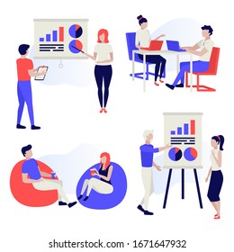 Business people working together. Business people. Teamwork. Office work, people at the desktop, people with flipchart, coffee break. Human characters on white background. Color vector illustration