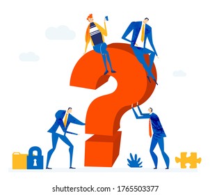 Business people working together and trying to move big question mark. impossible possible, finding solution. freedom. Limitation and control idea. Modern flat design business concept illustration   