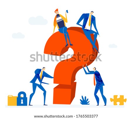 Business people working together and trying to move big question mark. impossible possible, finding solution. freedom. Limitation and control idea. Modern flat design business concept illustration   