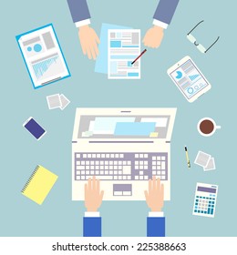 Business people workplace top angle above view sitting at office desk work vector illustration