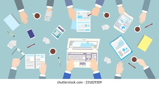 Business people workplace top angle above view sitting at office desk work vector illustration flat design