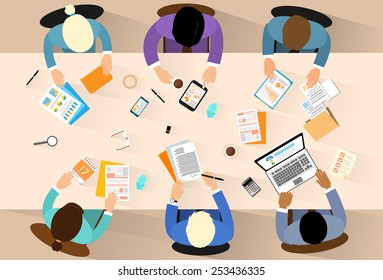 Business People Workplace Top Angle Above View Sitting At Office Desk Work Vector Illustration Flat Design