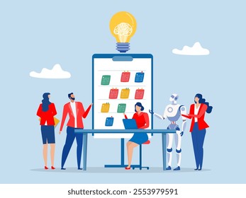 Business people in workshop meeting room with whiteboard and sticky notes, workshop, business discussion, meeting, brainstorm new idea, training course class, Q and A, question and answer vector