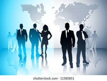 Business people with a world in the background. Vector illustration.