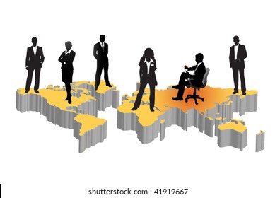 Business people and world map