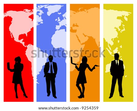 business people and world map vector design. trace source: http://www.lib.utexas.edu/maps/world_maps/world_pol02.jpg copyright state.: http://www.lib.utexas.edu/maps/faq.html#3.html