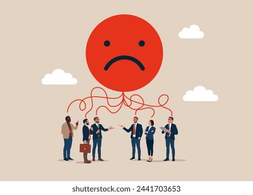 Business people are worth under sad face symbol think plan. Burnout from tiring work or demotivation from failure, stress. Flat vector illustration.