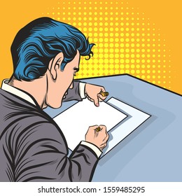 Business people write information about their work.Pop art retro vector illustration vintage kitsch
