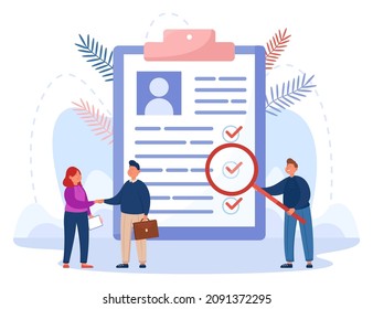 Business people writing agreement, shaking hands. Tiny man with magnifying glass researching checklist document on clipboard paper flat vector illustration. Survey, paperwork management concept