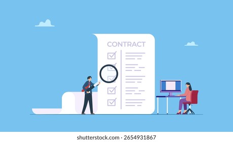 Empresários escrevendo e verificando o documento de cláusulas do contrato em papel. Verificação de documentos, validação de contratos ou acordos, análise financeira ou orçamentária, pesquisa de arquivos de documentos.