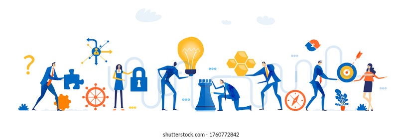 Business People And Young Creative People Working Together Around Business Communication Icons As Clock, Chess Figures, Lock, Compass And Light Bulb. Finding Better Solution, New Start Up