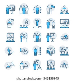 Business people,presentation,training icon set in thin line style. Vector symbols.