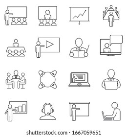 Business People,presentation,training, Video Conference Icon Set In Thin Line Style. Symbol, Logo Illustration.