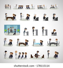 Business Peoples In Different Situation Set - Isolated On Gray Background - Vector Illustration, Graphic Design Editable For Your Design. Team Working In Office.