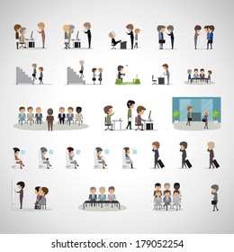 Business Peoples In Different Situation Set - Isolated On Gray Background - Vector Illustration, Graphic Design Editable For Your Design. Team Working In Office. 