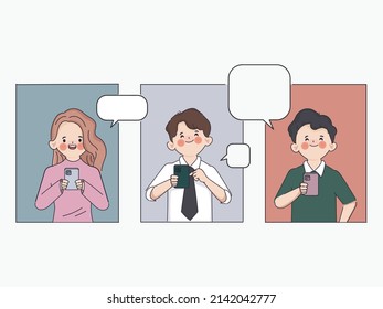 Business peoples in group chat talking with smartphone hand drawn character.